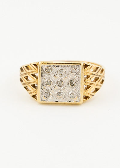 Vintage Men's 0.10tcw Diamond Crosshatch Pattern Signet Ring 9ct Gold