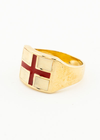 Vintage Heavy Mens England Flag Enamelled Signet Ring 9ct Gold