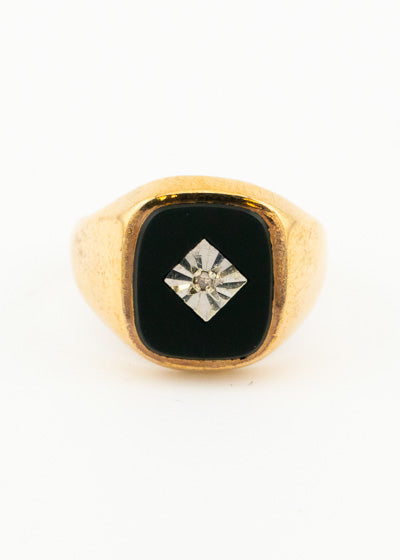 Vintage Diamond & Onyx Mens Signet Ring 9ct Gold