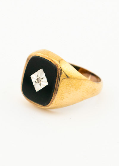 Vintage Diamond & Onyx Mens Signet Ring 9ct Gold