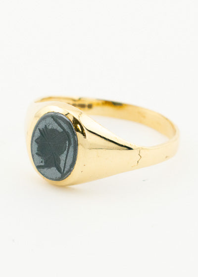 Vintage Hematite Centurion Head Motif Signet Ring 9ct Gold